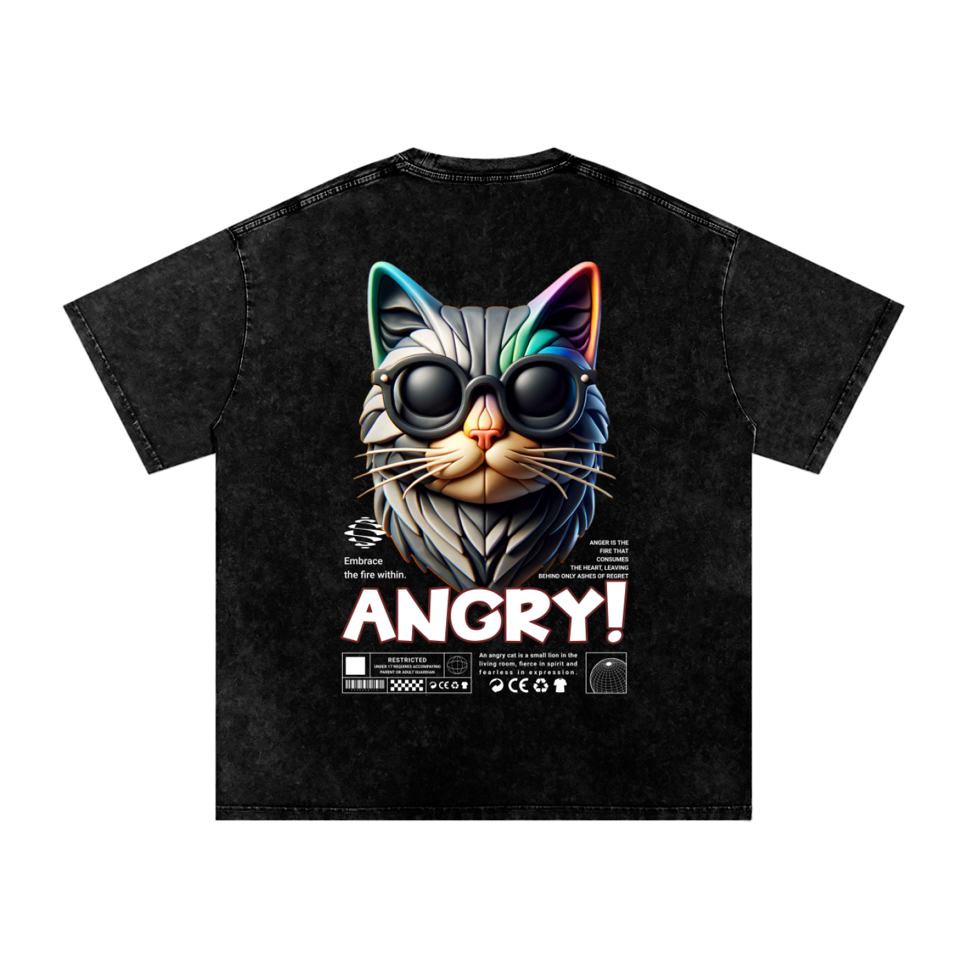 🔥 ANGRY! Fire Within Cat Tee  Washed Oversized Cotton T-Shirt