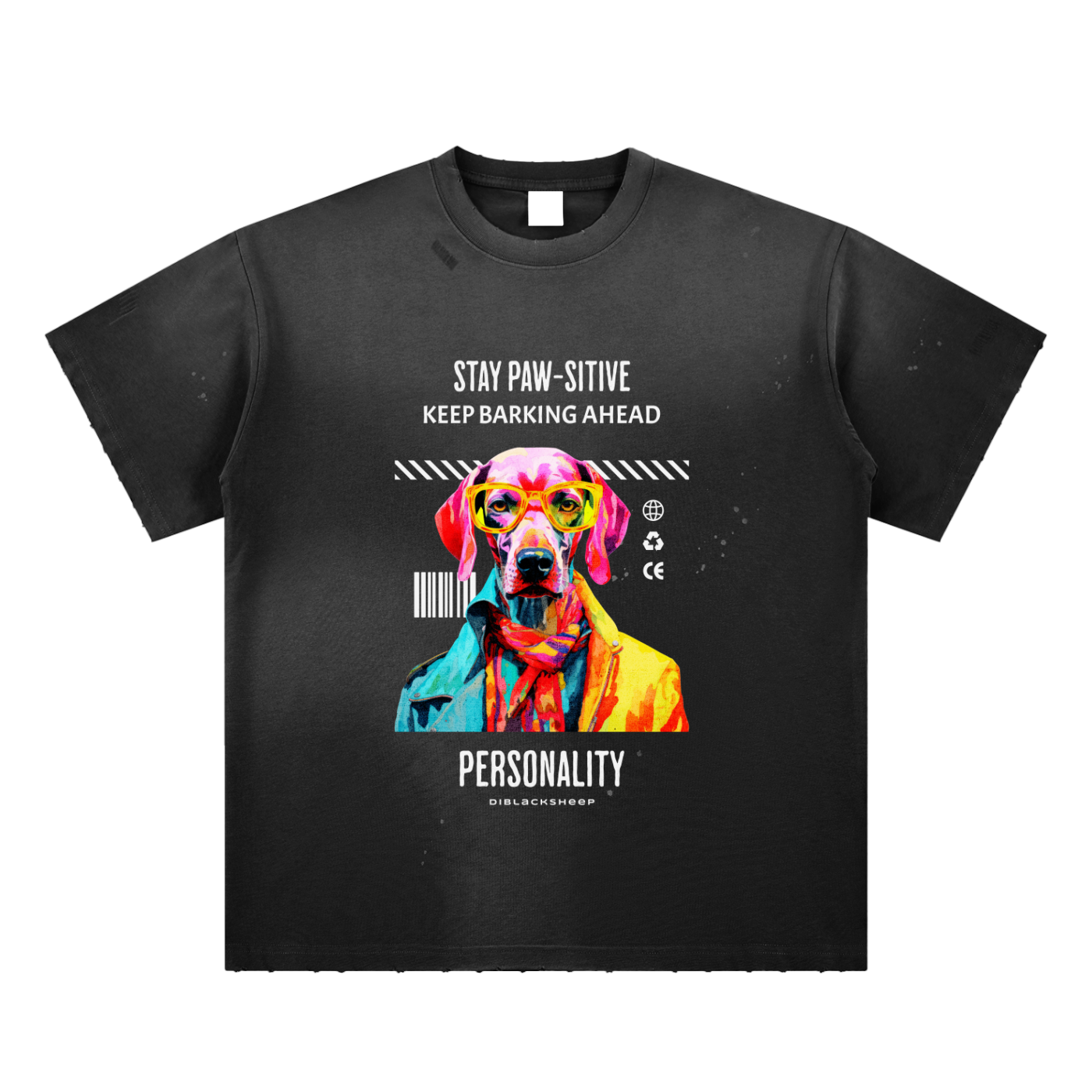 🐶 STAY PAW-SITIVE Pop-Art Dog Tee -Frayed Sunfade Paint Splatter T-Shirt