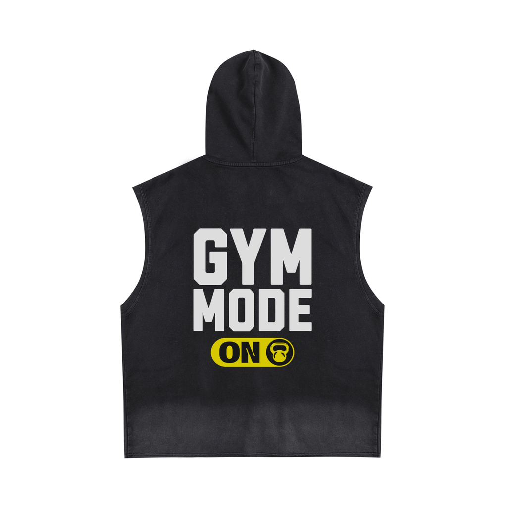 💪 GYM MODE ON Sleeveless Hoodie Vintage Washed Zip-Up Hooded Tank Top